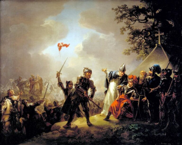 Christian August Lorentzeni maal (1809): Dannebrog langeb taevast Lyndanise lahingus 1219